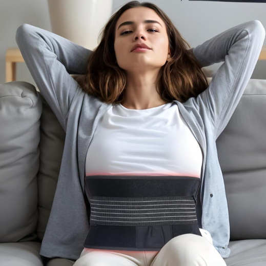 Woman using a home red light therapy device on a couch with product details displayed.