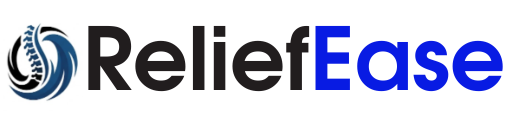 ReliefEase logo with a blue and black color scheme on a white background