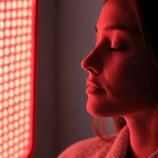 Woman in a robe with a red light source illuminating her face